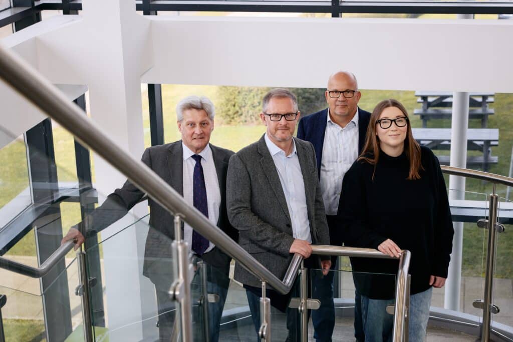 Pictured L-R Alex McWhirter, CEO Finance Yorkshire, Neil Weaver, Bombyx PLM, Ian Brown, Finance Yorkshire, Lucy Blackley, Bombyx PLM